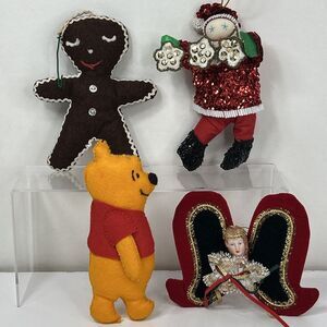 Vtg Felt Sequin Beads Ornament Lot Santa Claus   Gingerbread Man Pooh Angel